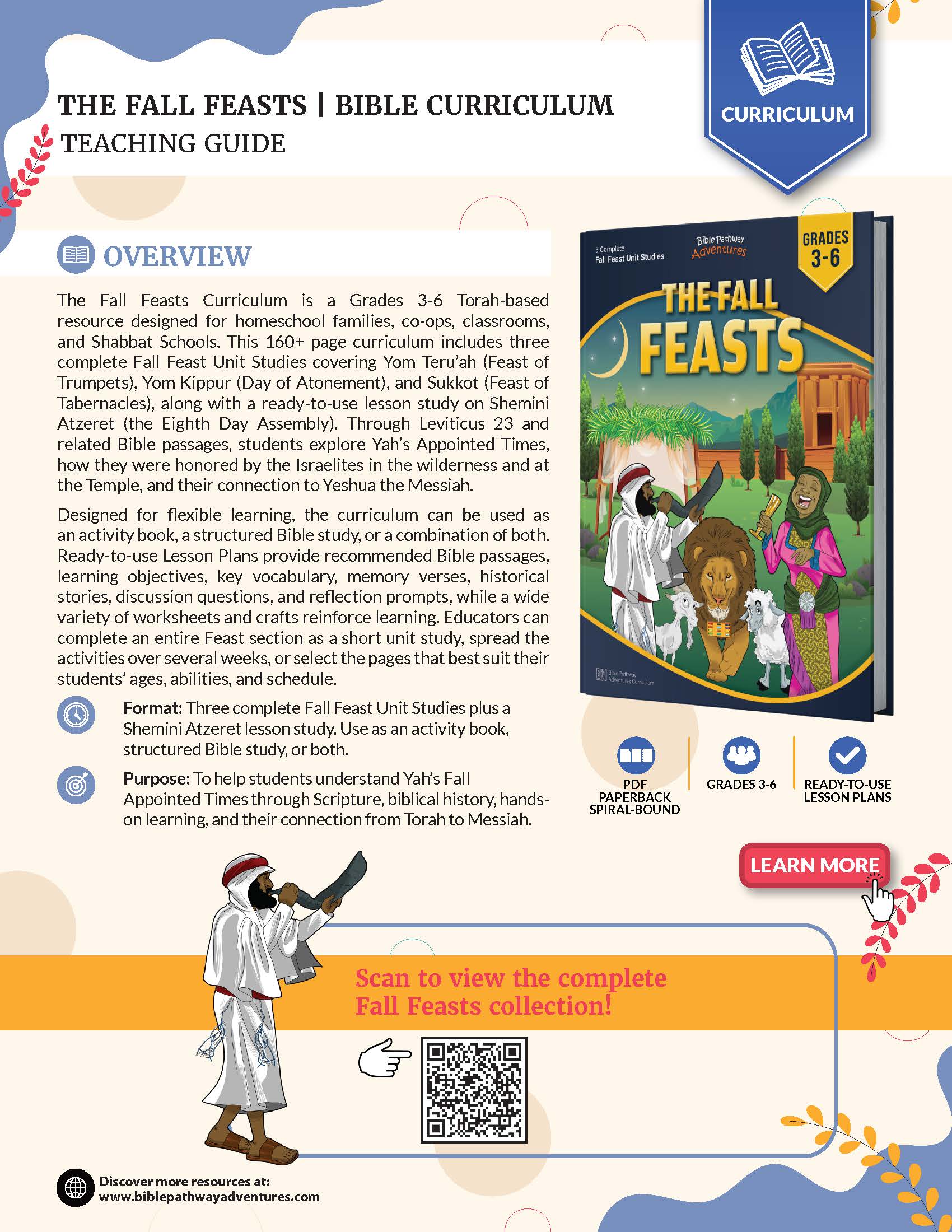 Promotional graphic for a Bible curriculum titled 'The Fall Feasts | Bible Curriculum Teaching Guide,' showing a large preview of the book cover, a smaller inset cover, and descriptive text on a white background with decorative orange and blue accents.