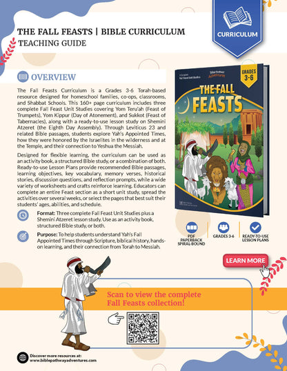 Promotional graphic for a Bible curriculum titled 'The Fall Feasts | Bible Curriculum Teaching Guide,' showing a large preview of the book cover, a smaller inset cover, and descriptive text on a white background with decorative orange and blue accents.