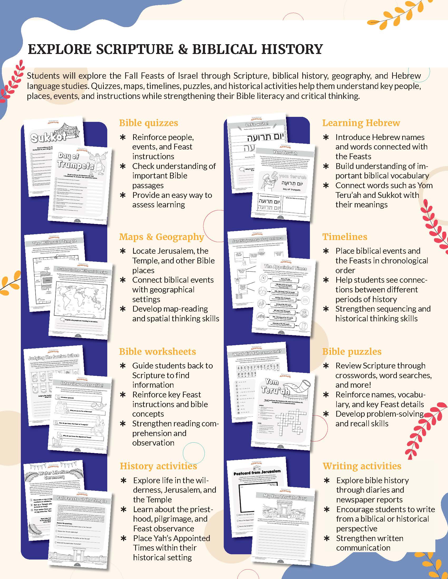 An educational poster titled 'EXPLORE SCRIPTURE & BIBLICAL HISTORY' with a colorful layout showing various learning modules such as 'bible quizzes', 'Maps & Geography', 'Bible worksheets', 'History activities', 'Bible reviews', 'Learning Hebrew', 'Timelines', and 'Writing activities' with Hebrew and English text. The Fall Feasts" for grades 3-6.
