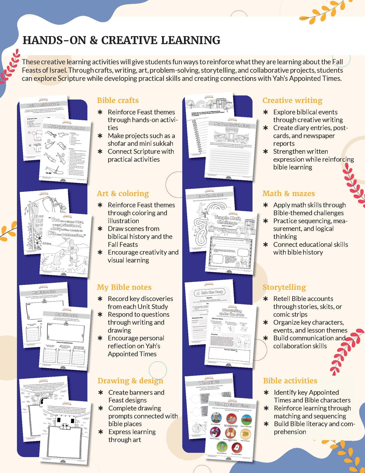 An educational poster titled 'HANDS-ON & CREATIVE LEARNING' featuring various illustrated activity cards for Fall Israel studies, including Bible crafts, creative writing, art & coloring, Bible notes, drawing & design, and storytelling, with text describing how these activities reinforce learning. The Fall Feasts" for grades 3-6.
