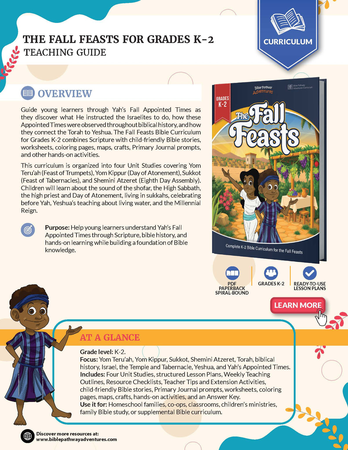 A digital preview page for a 'The Fall Feasts for Grades K-2 Teaching Guide' curriculum document. The page features a clean white background with blue and orange accents, displaying an overview, learning objectives, a grade level glance, and a curriculum box indicating it is compatible with 'The Fall Feasts' curriculum.