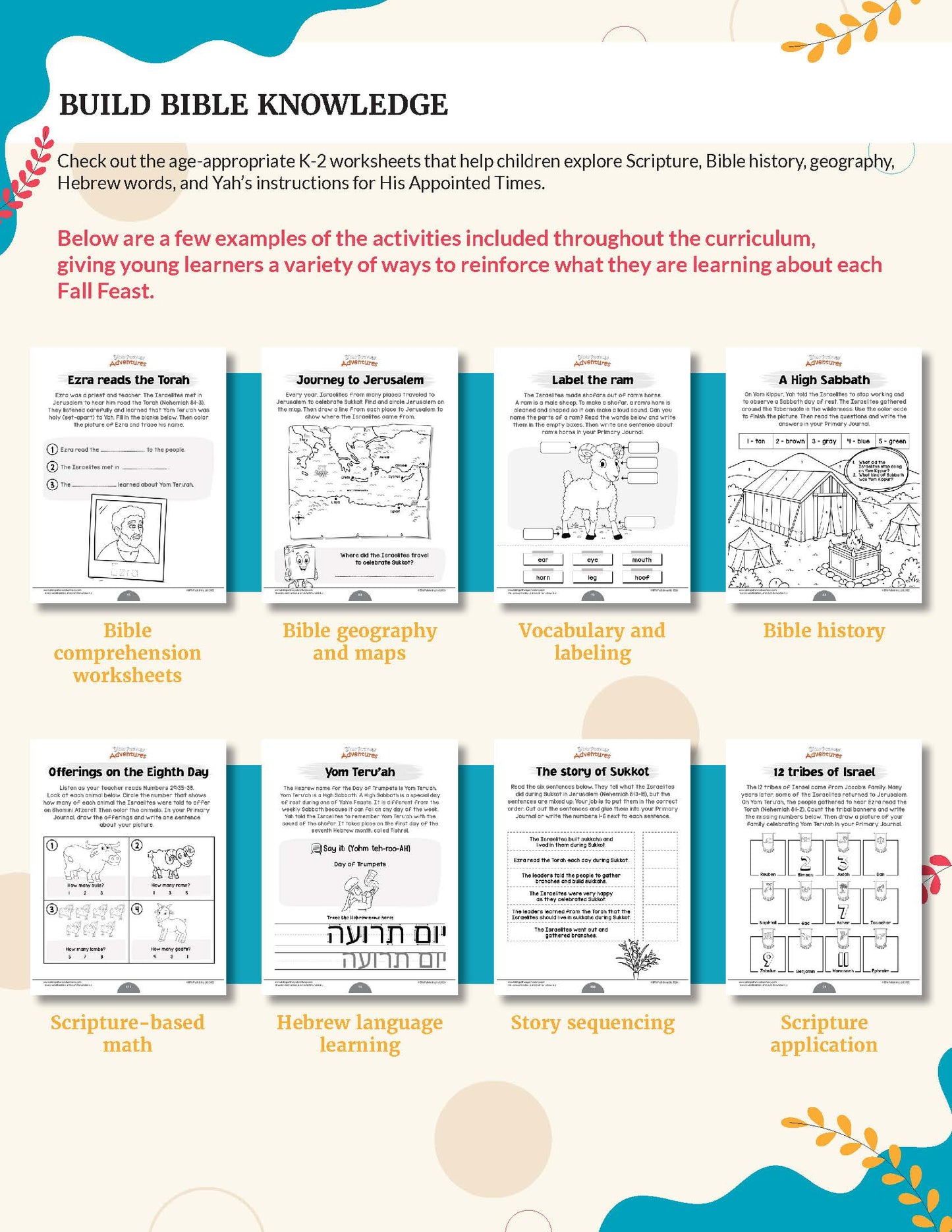 A promotional graphic for a Bible curriculum bundle titled 'The Fall Feasts Bible Curriculum for Grades K-2 '. It features red text introducing K-2 worksheets and lists several activity examples with corresponding worksheet previews below, including Bible comprehension worksheets, Bible geography and maps, vocabulary and labeling, Bible history, scripture-based math, Hebrew language learning, story sequencing, and scripture application.