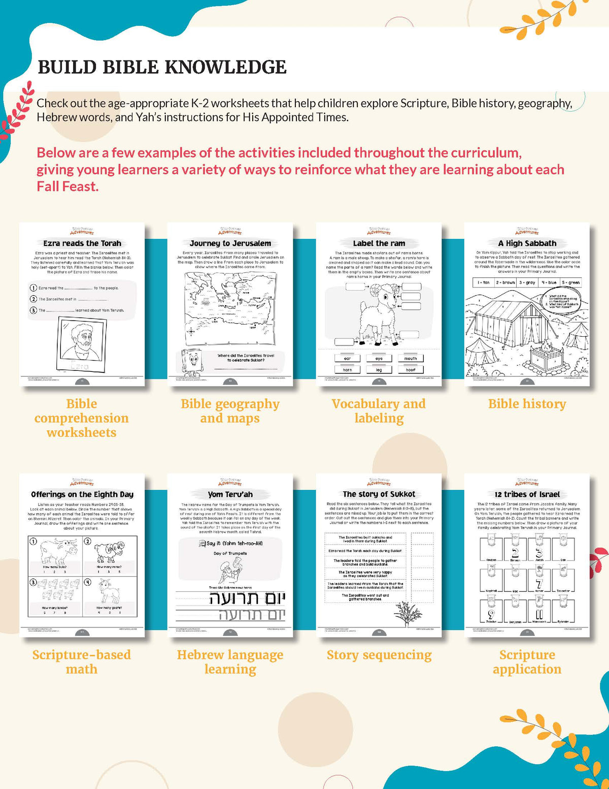 A promotional graphic for a Bible curriculum bundle titled 'The Fall Feasts Bible Curriculum for Grades K-2 '. It features red text introducing K-2 worksheets and lists several activity examples with corresponding worksheet previews below, including Bible comprehension worksheets, Bible geography and maps, vocabulary and labeling, Bible history, scripture-based math, Hebrew language learning, story sequencing, and scripture application.