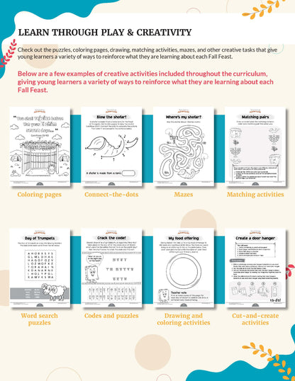 The Fall Feasts Bible Curriculum for Grades K-2  - A colorful educational poster outlining fall-themed creative activities and printable resources, including coloring pages, mazes, matching activities, word searches, codes and puzzles, drawing activities, and cut-and-create activities. The layout features a white background with teal and orange decorative accents, red headline text, and multiple small preview images of worksheet pages.
