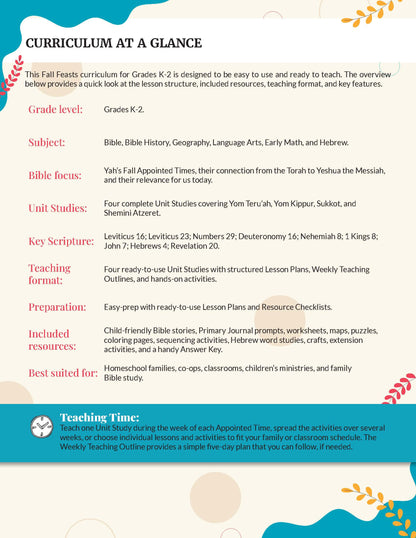 An informational graphic titled 'CURRICULUM AT A GLANCE' for a Fall Feasts curriculum for grades K-2. The design has a white background with black text and a teal footer band.