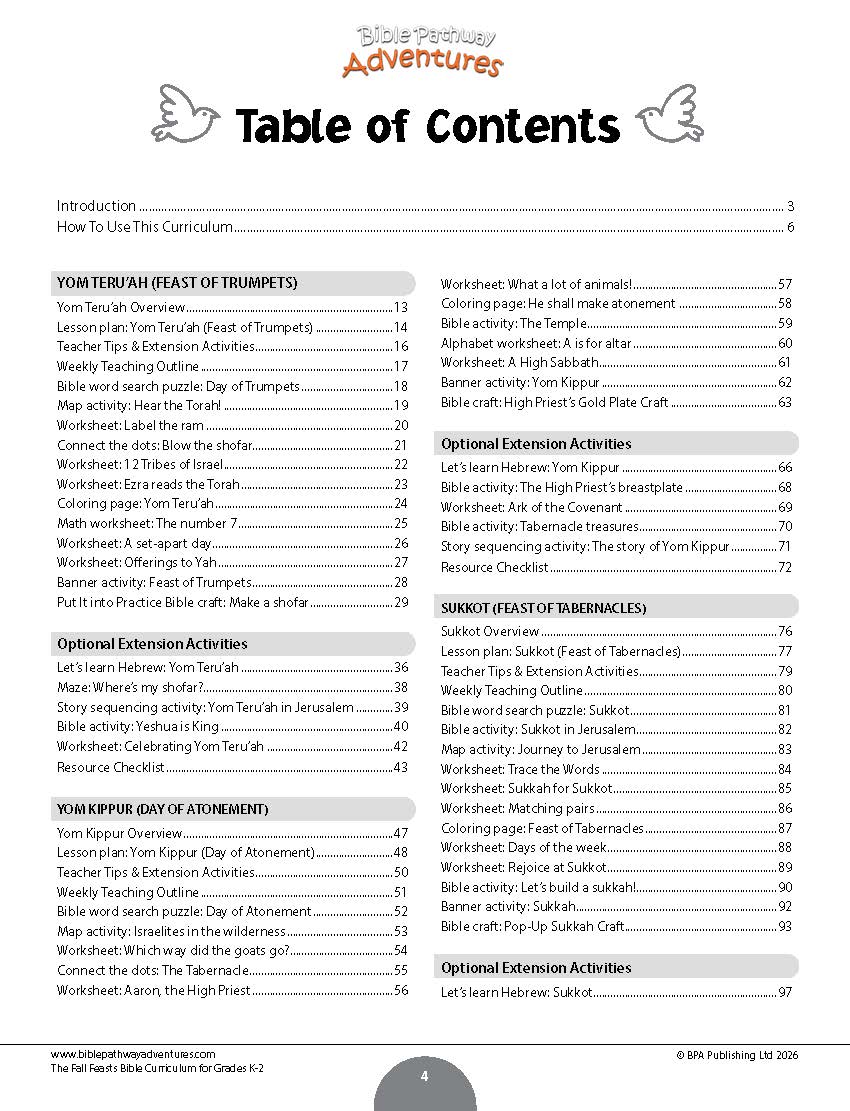 A printed table of contents page from a Bible curriculum booklet titled 'The Fall Feasts Bible Curriculum for Grades K-2' with lesson and worksheet references arranged in a two-column layout on a white page.