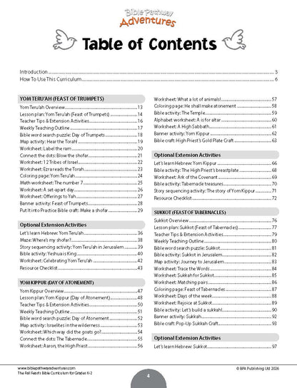 A printed table of contents page from a Bible curriculum booklet titled 'The Fall Feasts Bible Curriculum for Grades K-2' with lesson and worksheet references arranged in a two-column layout on a white page.