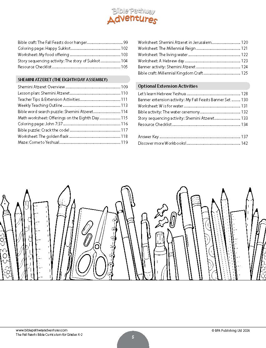 A printed worksheet page from the Fall Feasts featuring a large black-and-white coloring area at the bottom outlined pencils, plus text sections and tables above on a white page.
