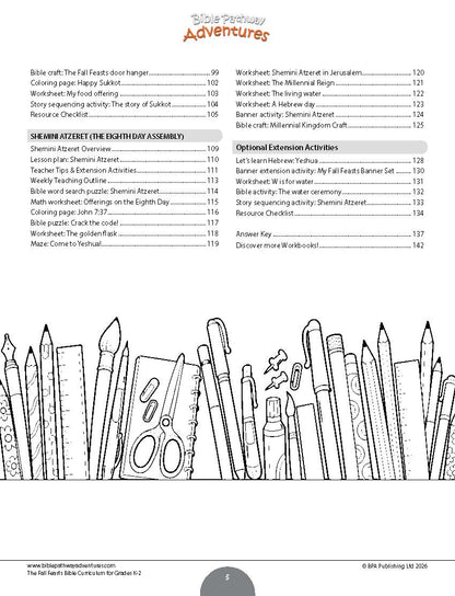 A printed worksheet page from the Fall Feasts featuring a large black-and-white coloring area at the bottom outlined pencils, plus text sections and tables above on a white page.