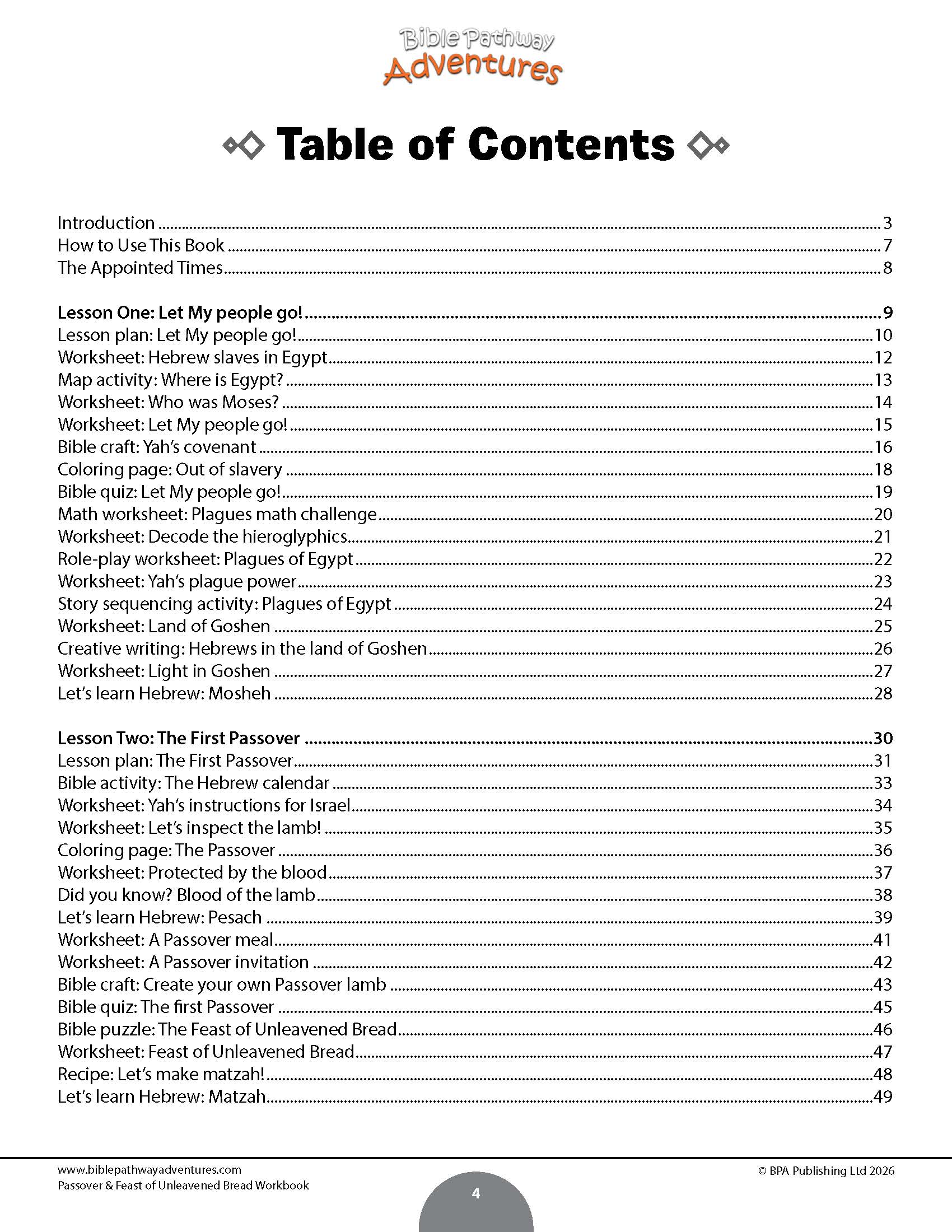 Table of contents for a book titled 'Passover & Feast of Unleavened Bread Workbook' with a focus on educational content.