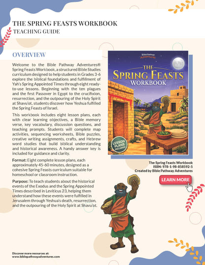 Teaching guide for 'The Spring Feasts Workbook' with cover image and text.