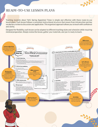 Lesson plan for 'The First Passover' with colorful graphics and text on a white background