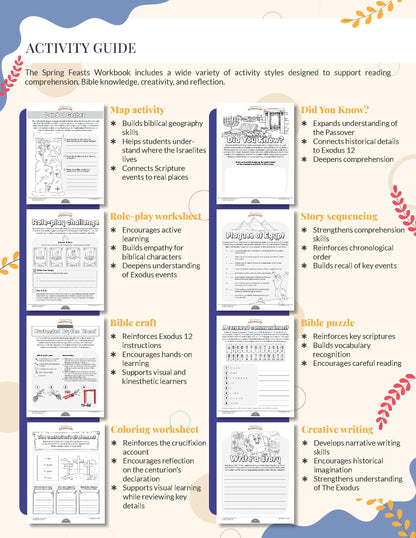 The Spring Feasts Workbook Activity guide with various educational worksheets on a white background