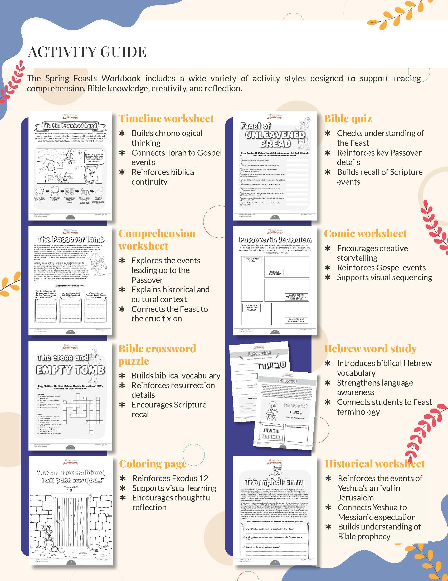 The Spring Feasts Workbook Activity guide with various educational worksheets on a blue background