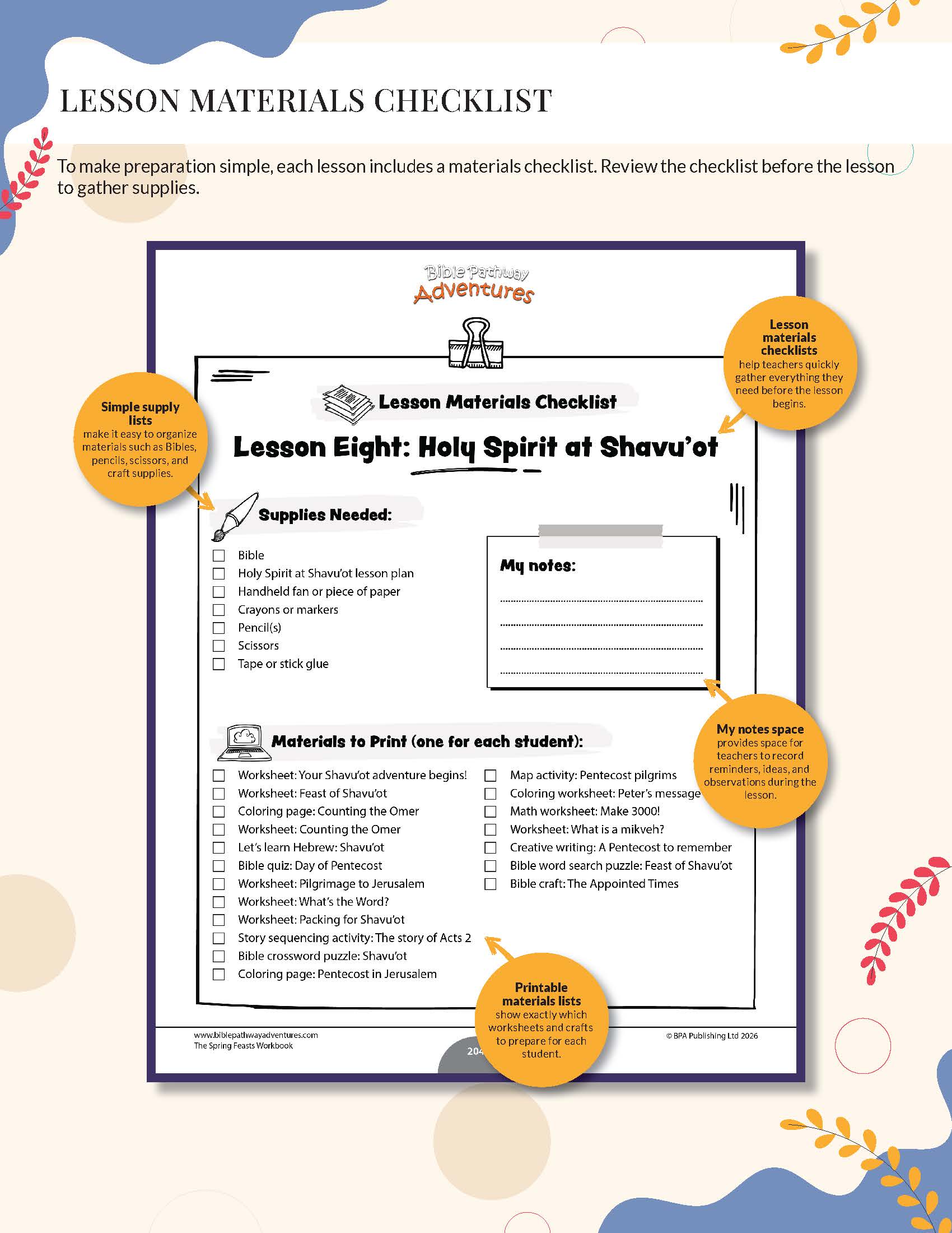 Lesson Materials Checklist for Lesson Eight: Holy Spirit at Shavu'ot with checkboxes and space for notes.