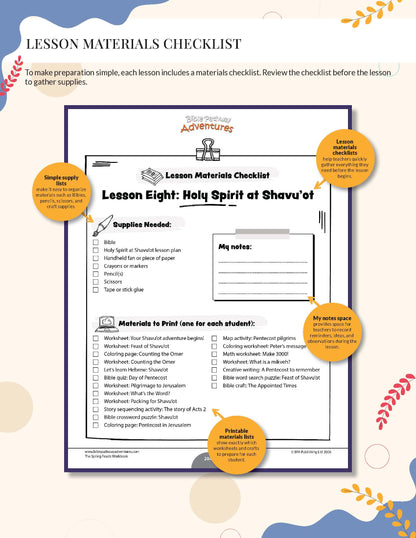 Lesson Materials Checklist for Lesson Eight: Holy Spirit at Shavu'ot with checkboxes and space for notes.