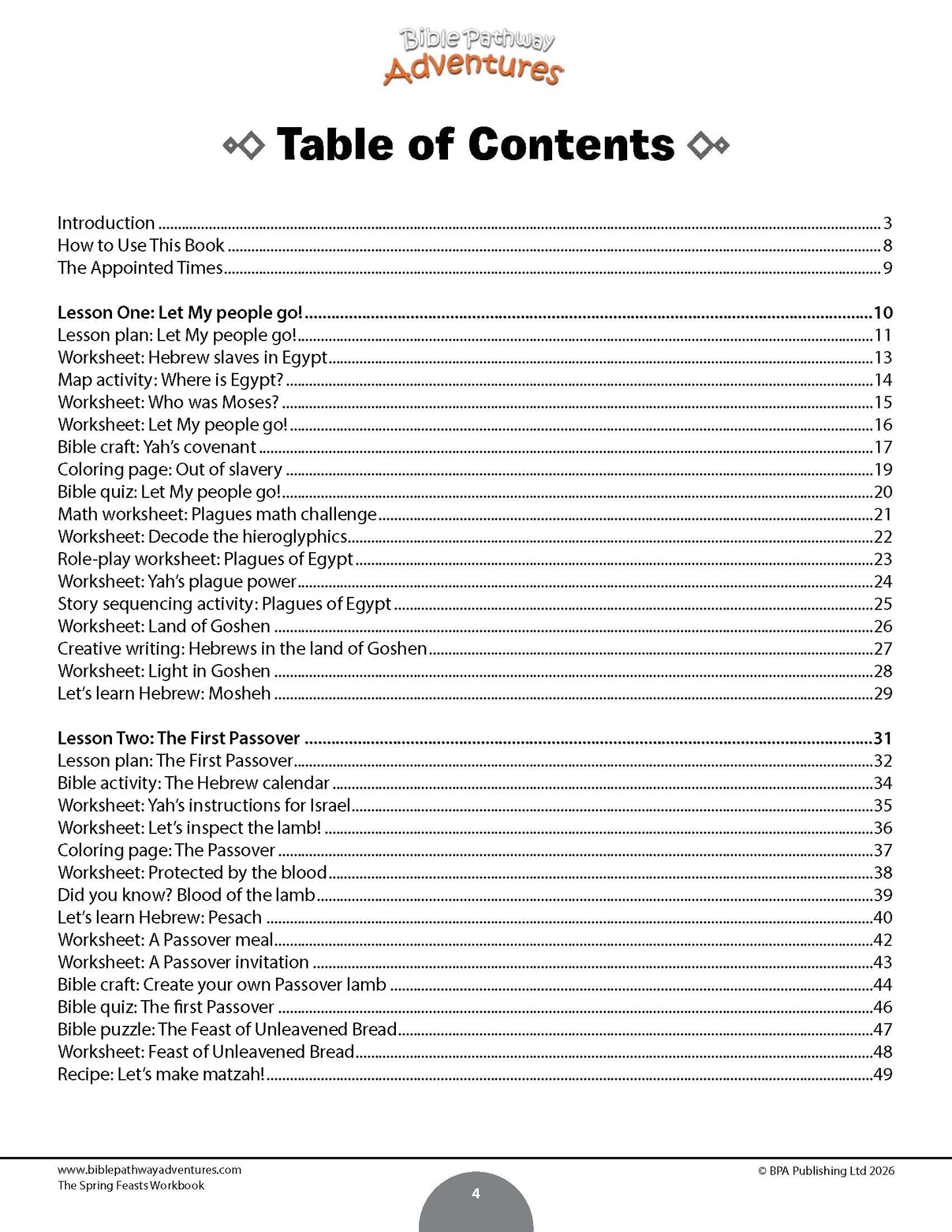 Table of contents for a book titled 'The Spring Feasts Workbook' with a white background.