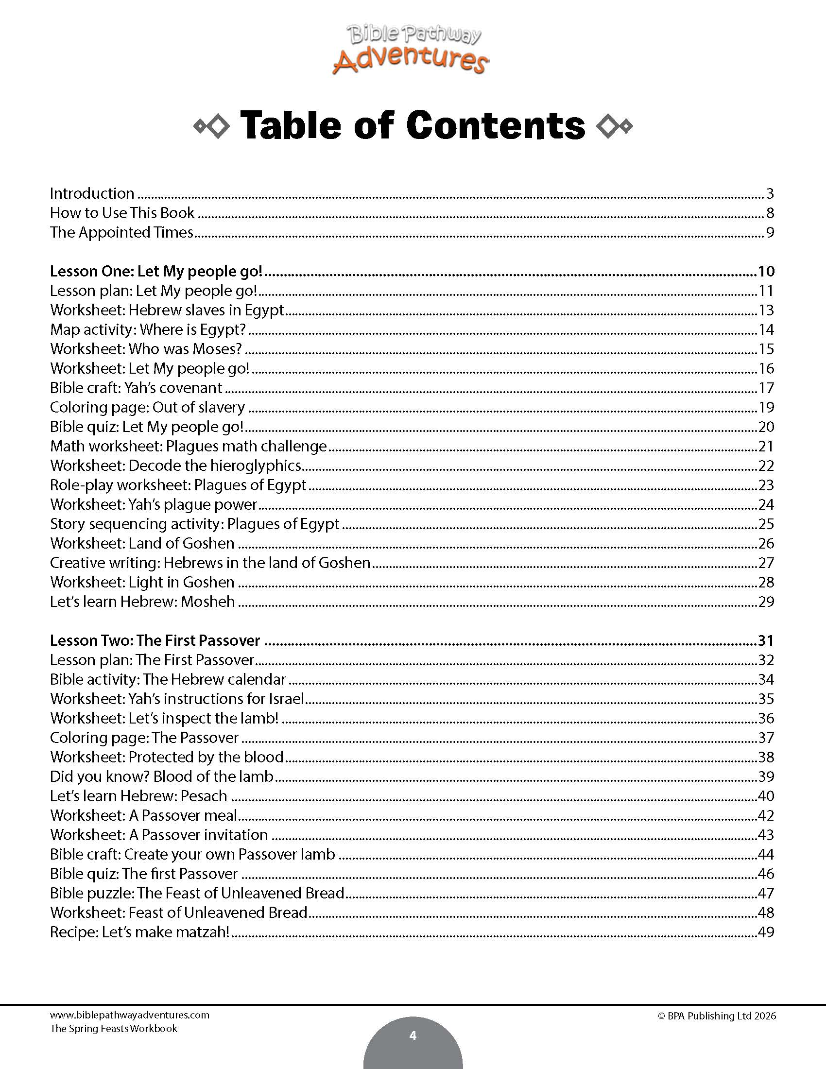 Table of contents for a book titled 'The Spring Feasts Workbook' with a white background.
