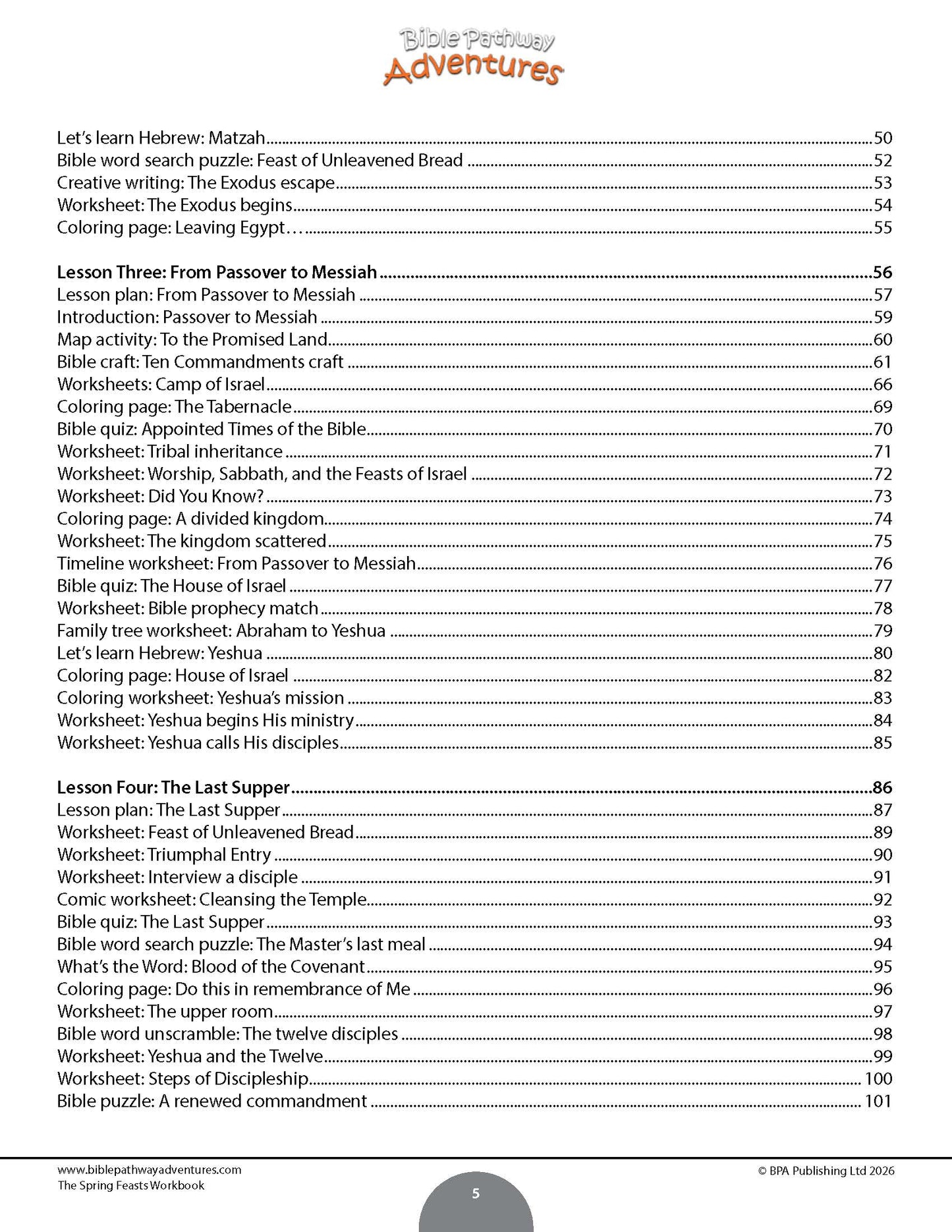 Table of contents for a religious education curriculum with lesson plans and activities. Table of contents for a book titled 'The Spring Feasts Workbook' with a white background.