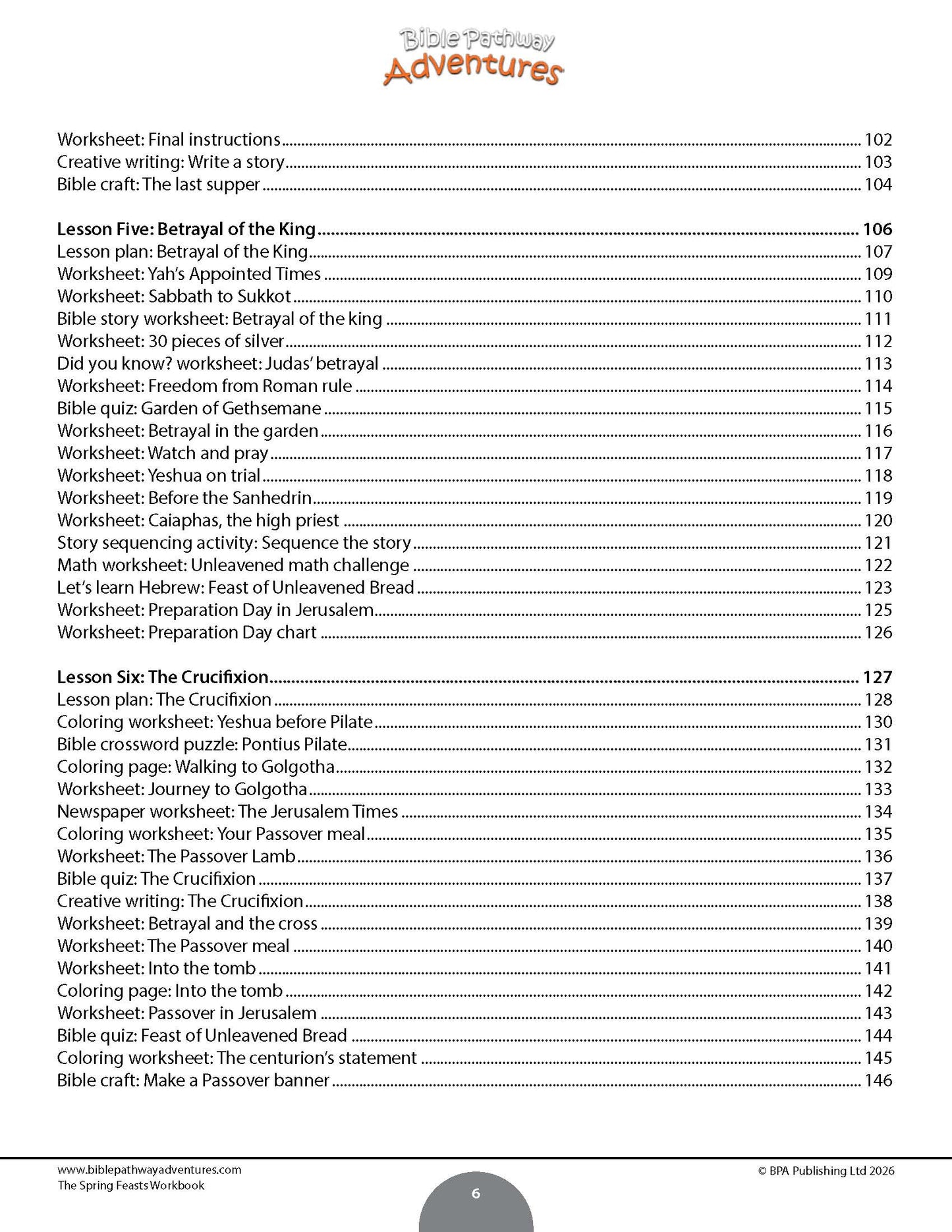 Table of contents for a book titled 'The Spring Feasts Workbook' with a white background.