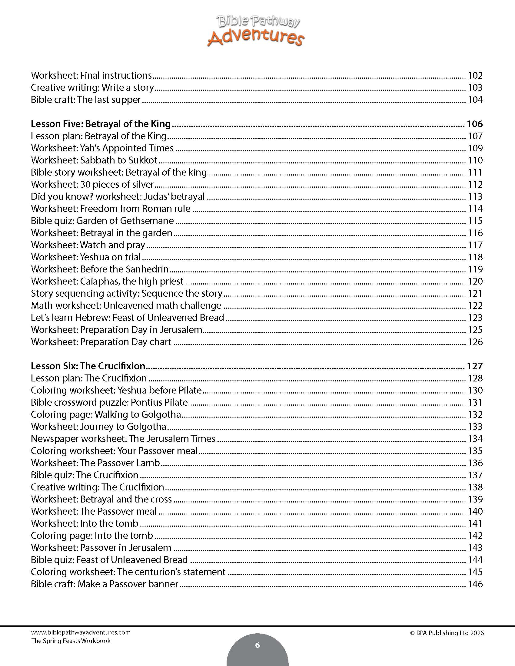 Table of contents for a book titled 'The Spring Feasts Workbook' with a white background.