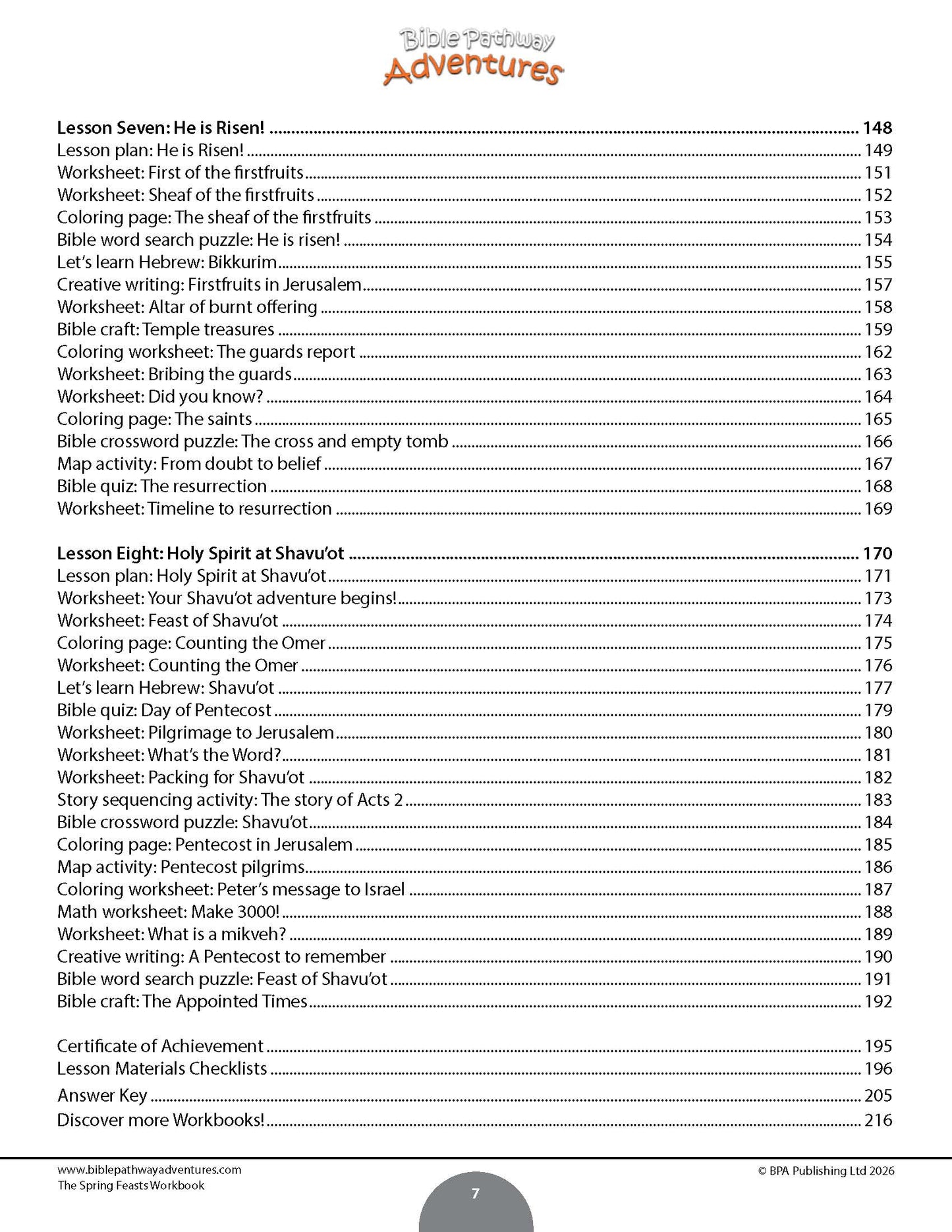 Table of contents for a book titled 'The Spring Feasts Workbook' with a white background.