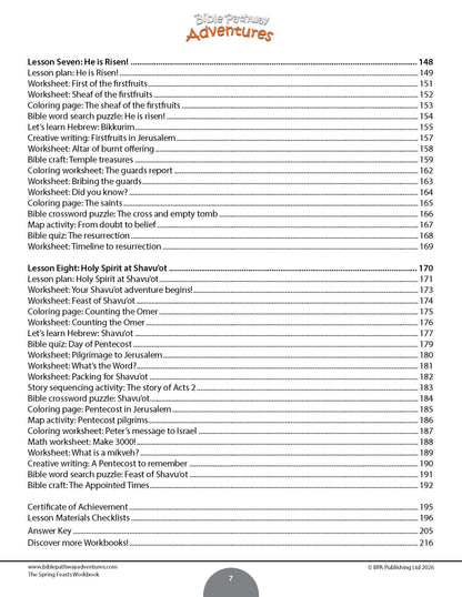 Table of contents for a book titled 'The Spring Feasts Workbook' with a white background.