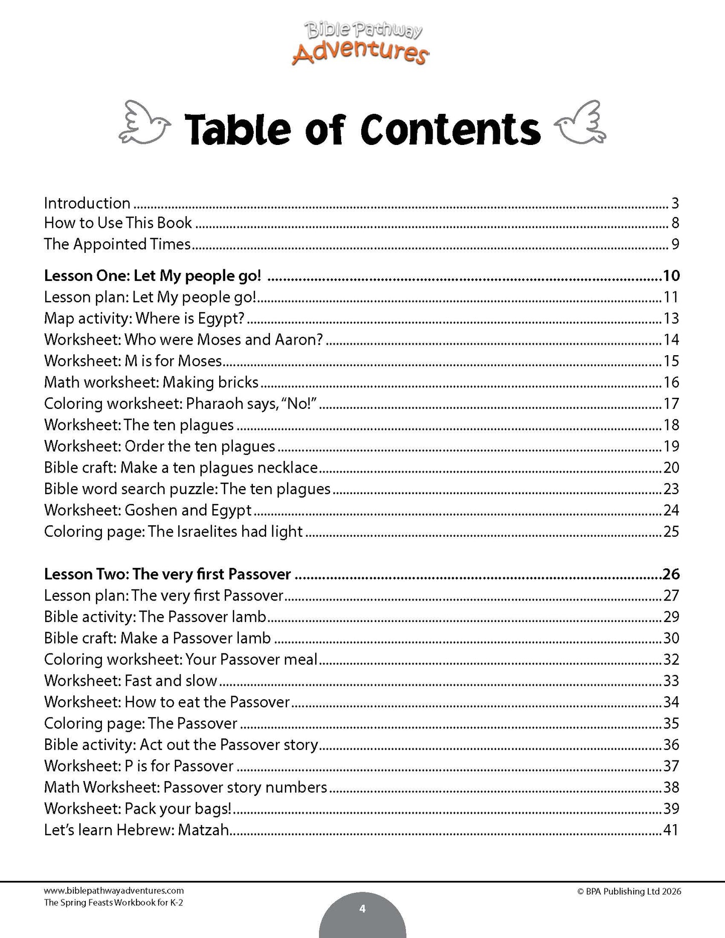 Table of contents for a book titled 'The Spring Feasts Workbook for K-2 - Passover Bible curriculum' on a white background.