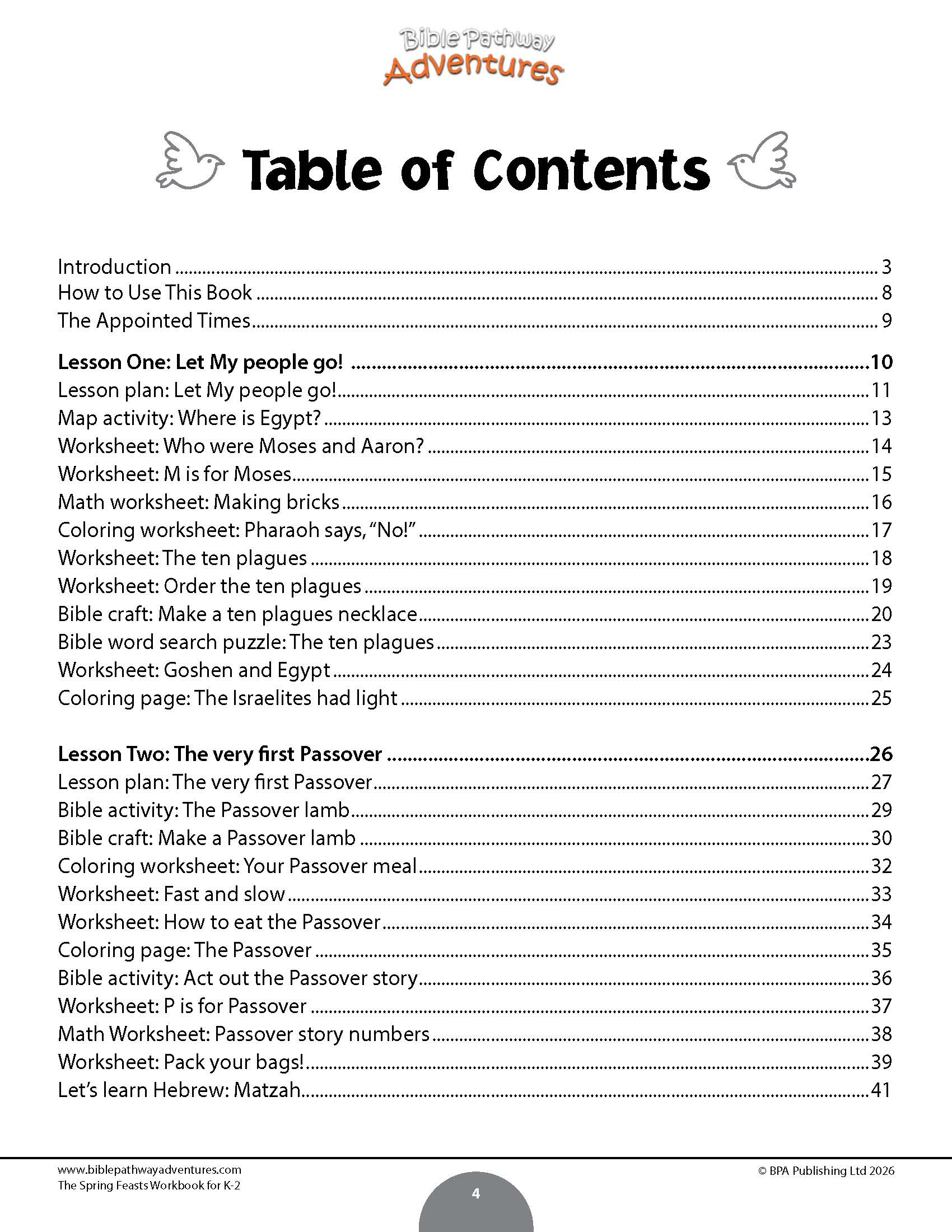 Table of contents for a book titled 'The Spring Feasts Workbook for K-2 - Passover Bible curriculum' on a white background.