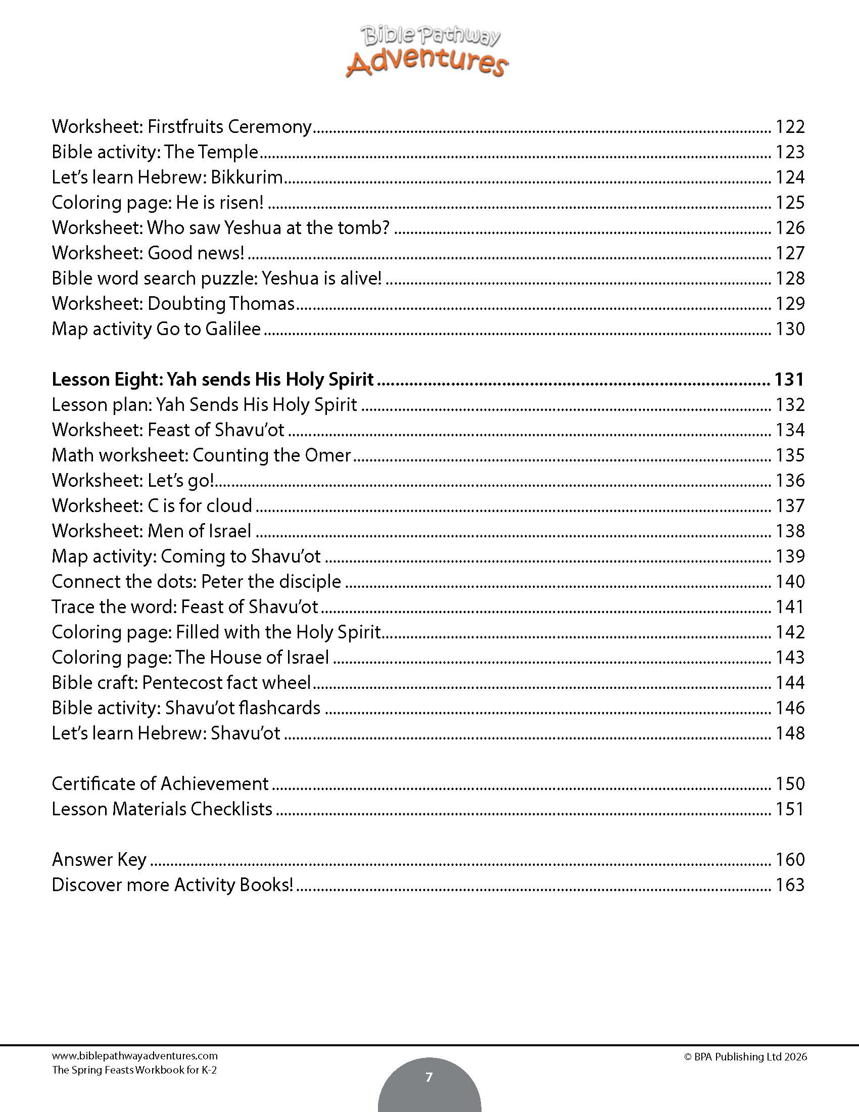 Table of contents for a religious education workbook with various activities and lessons. The Spring Feasts Workbook for K-2 - Passover Bible curriculum.