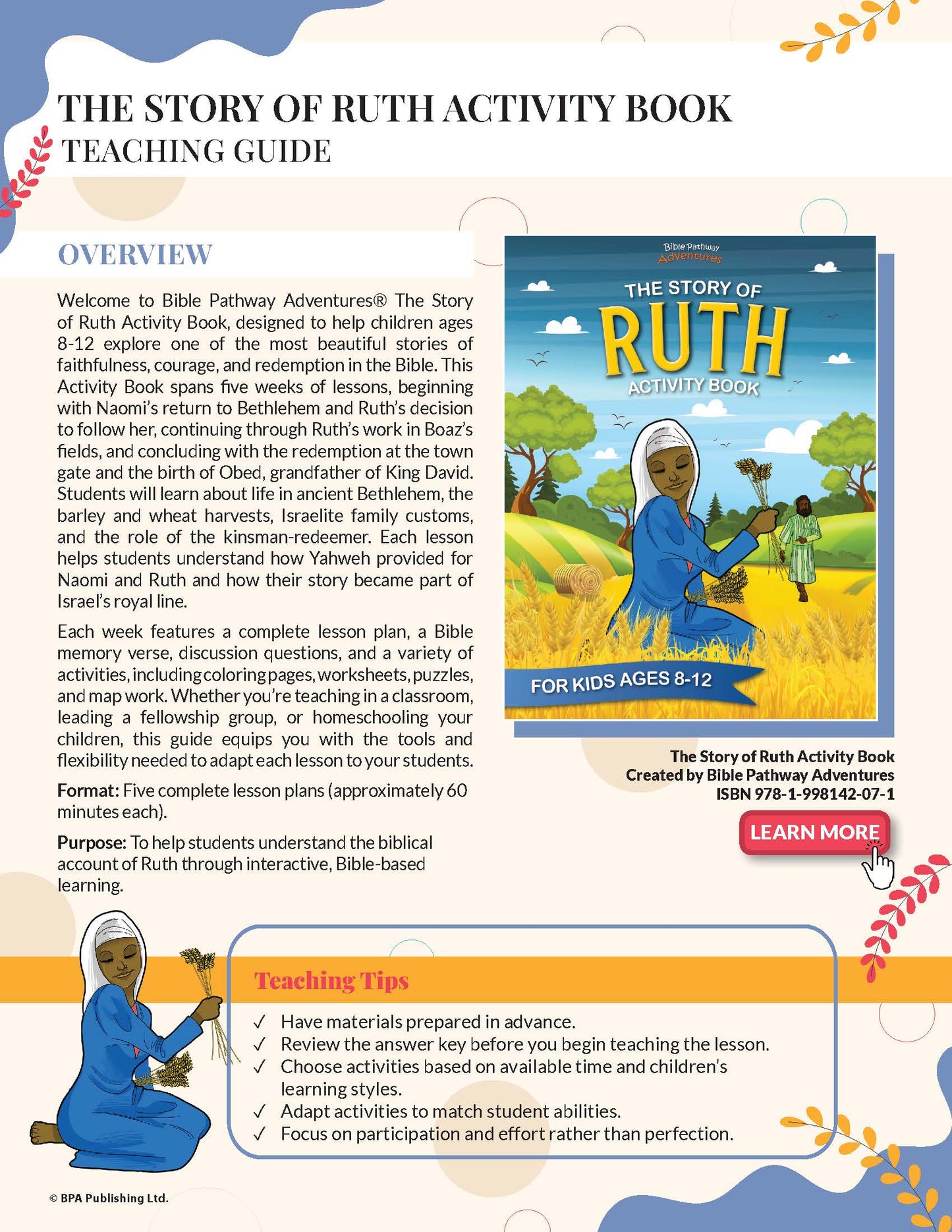 Teaching guide for 'The Story of Ruth Activity Book' with cover image and details.