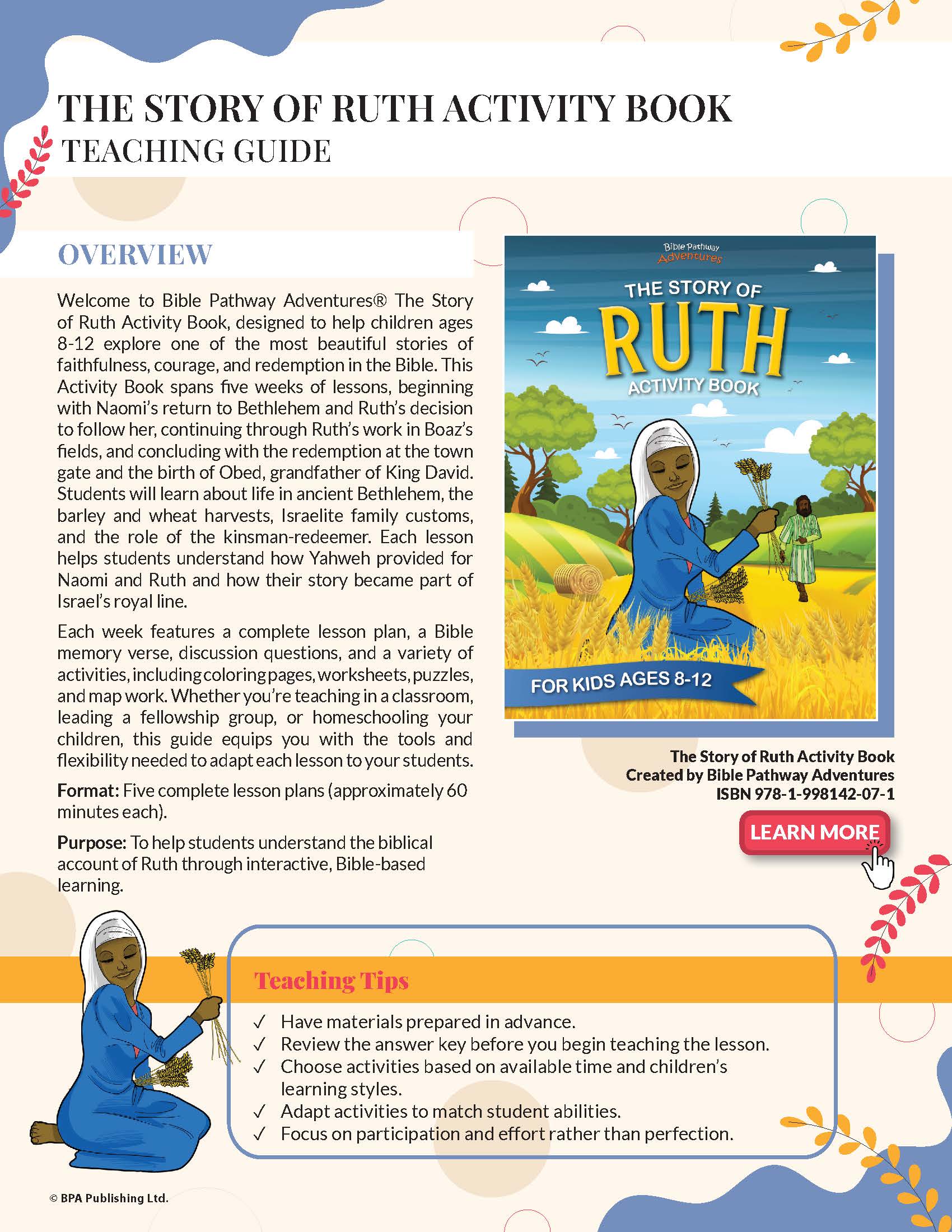Teaching guide for 'The Story of Ruth Activity Book' with cover image and details.