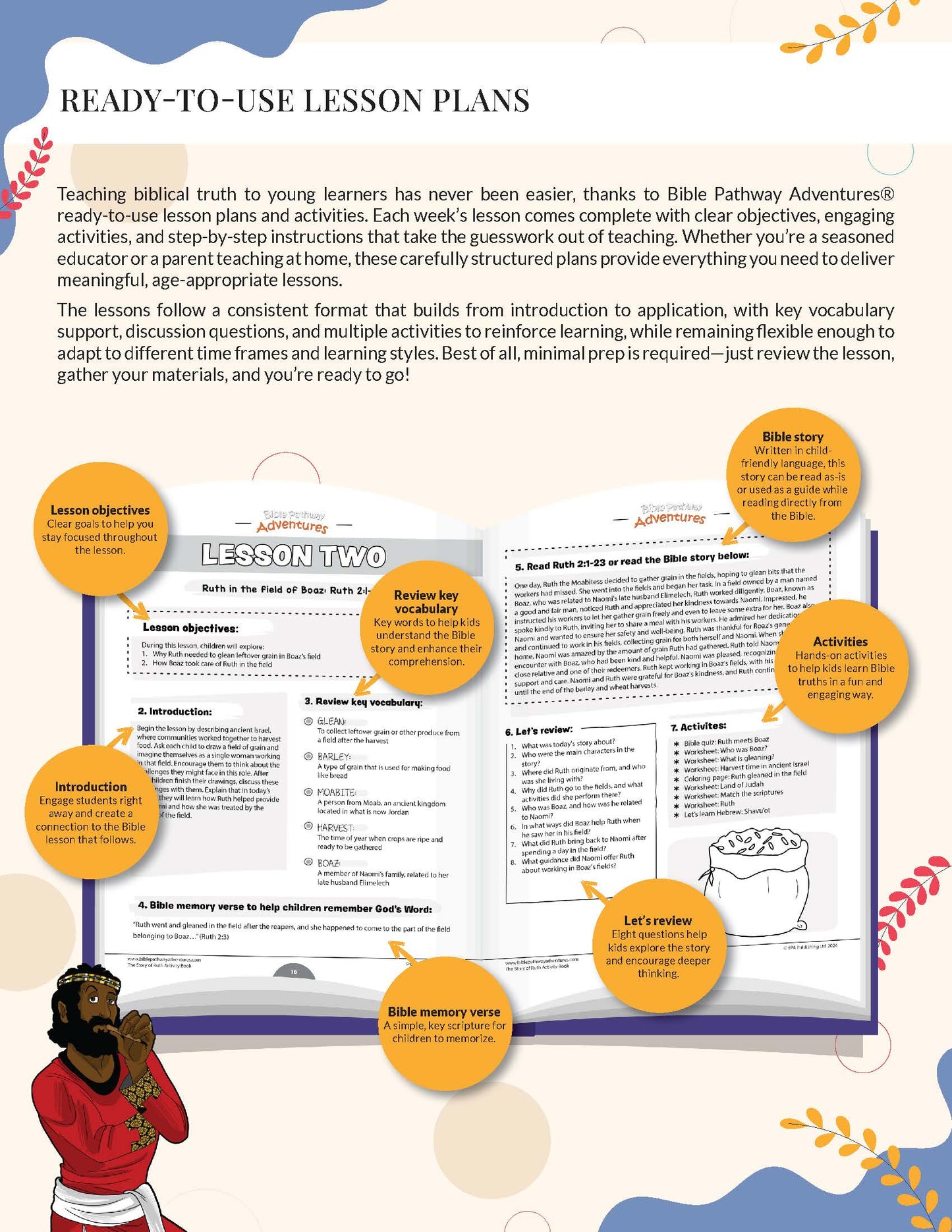 Bible Pathway Adventures Ruth lesson plan with colorful graphics and text.