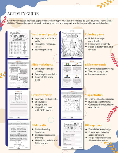 The Story of Ruth Activity guide with various educational activities for children, including word search puzzles, Bible worksheets, and crafts.