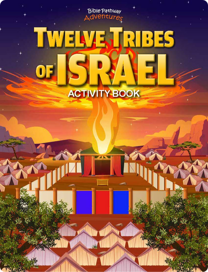 Activity book cover titled 'Twelve Tribes of Israel' with a desert scene and tabernacle illustration.