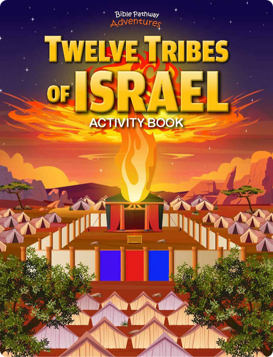 Activity book cover titled 'Twelve Tribes of Israel' with a desert scene and tabernacle illustration.