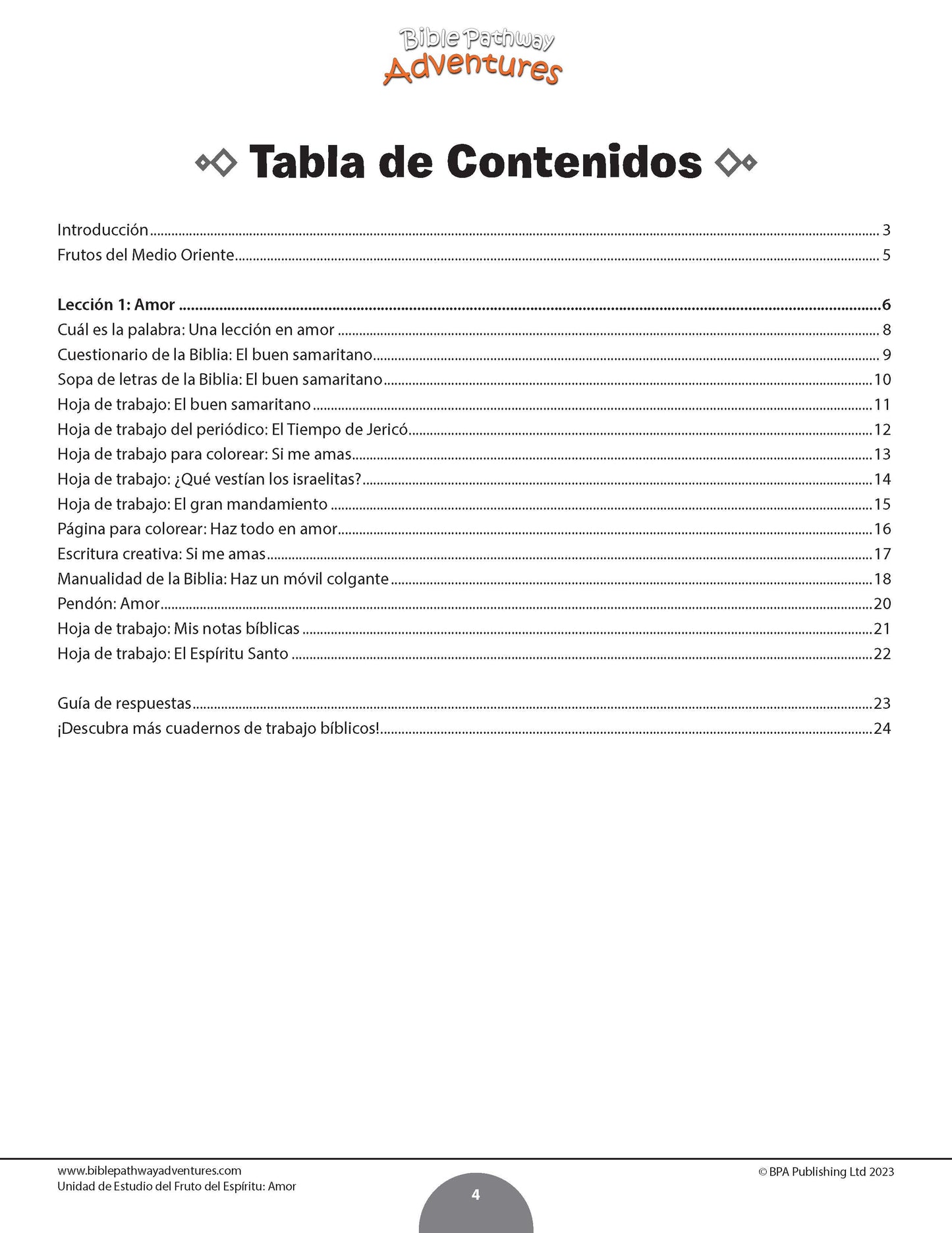 Table of contents for a religious educational resource with Spanish text.
