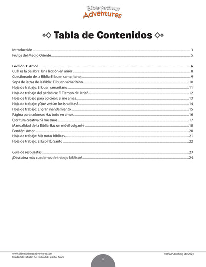 Table of contents for a religious educational resource with Spanish text.