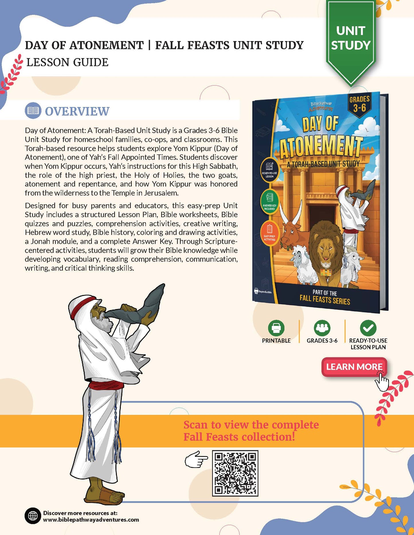Promotional graphic for a printable lesson guide titled 'Day of Atonement | Fall Feasts Unit Study Lesson Guide' from Bible Pathway Adventures. The design features a colorful layout with a central book cover mockup, descriptive text, and badges indicating it is a Grade 3-6 resource, suitable for homeschooling, and includes printable worksheets.