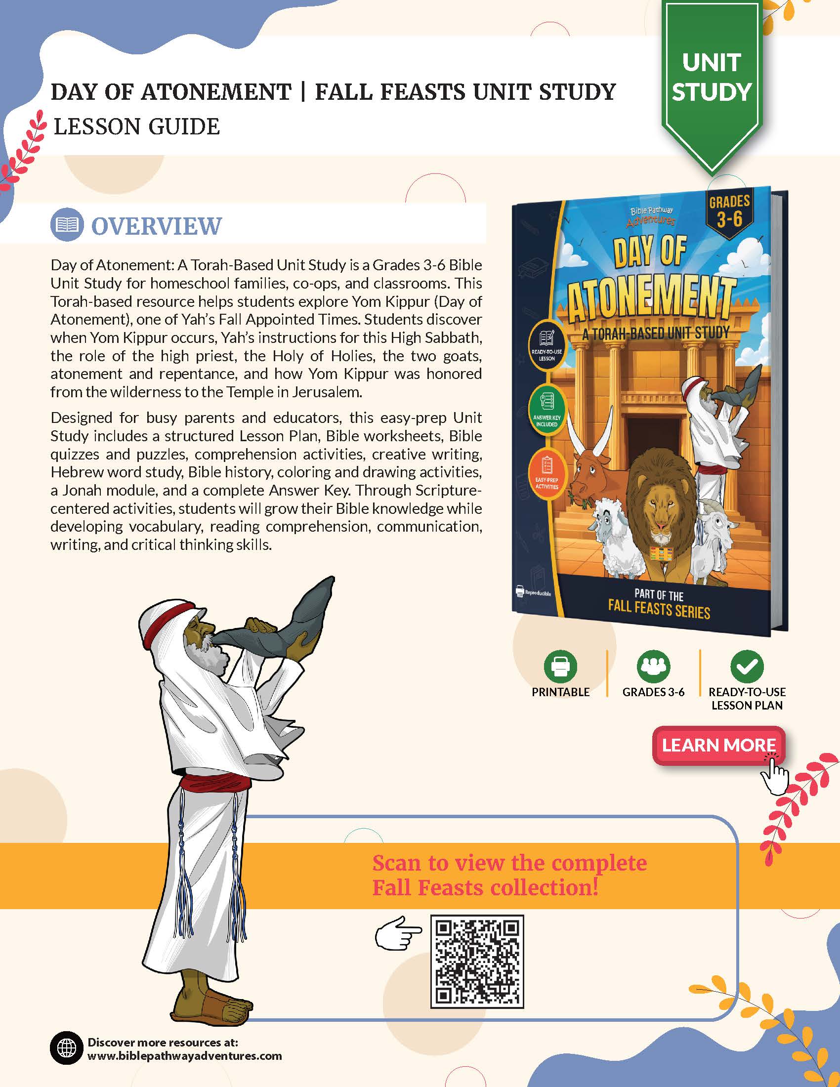Promotional graphic for a printable lesson guide titled 'Day of Atonement | Fall Feasts Unit Study Lesson Guide' from Bible Pathway Adventures. The design features a colorful layout with a central book cover mockup, descriptive text, and badges indicating it is a Grade 3-6 resource, suitable for homeschooling, and includes printable worksheets.