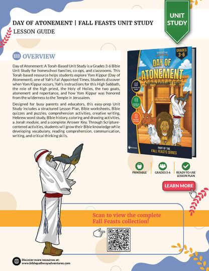 Promotional graphic for a printable lesson guide titled 'Day of Atonement | Fall Feasts Unit Study Lesson Guide' from Bible Pathway Adventures. The design features a colorful layout with a central book cover mockup, descriptive text, and badges indicating it is a Grade 3-6 resource, suitable for homeschooling, and includes printable worksheets.