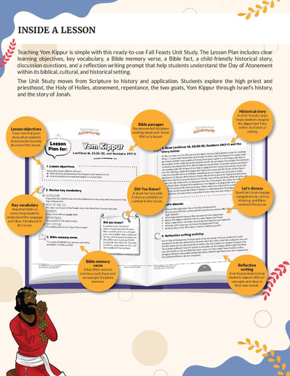 An educational lesson plan poster titled 'Inside a Lesson' for 'Yom Kippur,' showing an open workbook with text and several orange callout circles highlighting learning objectives, passages, and reflection prompts. A small illustration of a person in traditional Jewish clothing appears at the bottom left.