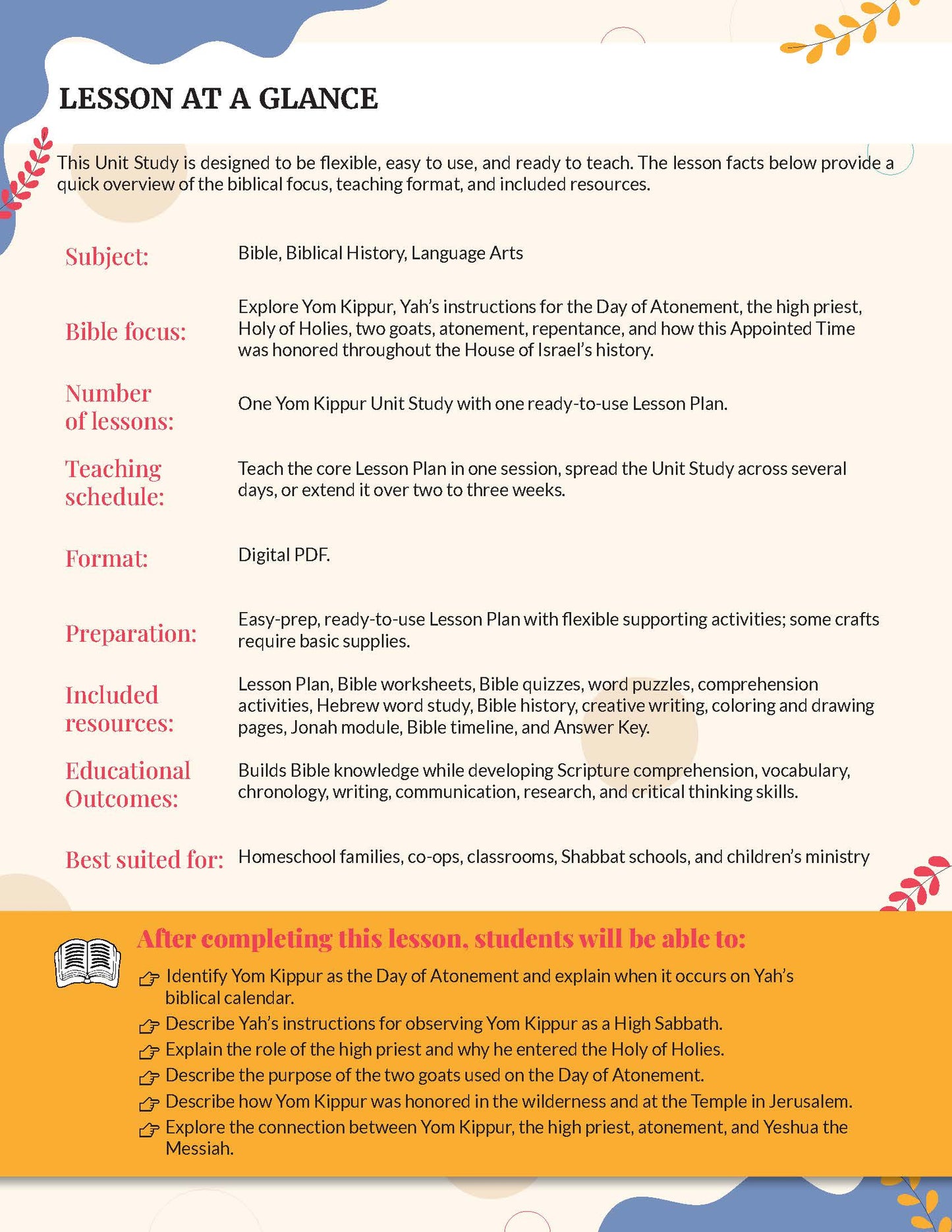 A digital lesson plan cover titled 'LESSON AT A GLANCE' for a Bible study on Yom Kippur. The design features a white background with teal headers and footers, orange accents, and a yellow-orange banner at the bottom outlining learning objectives.