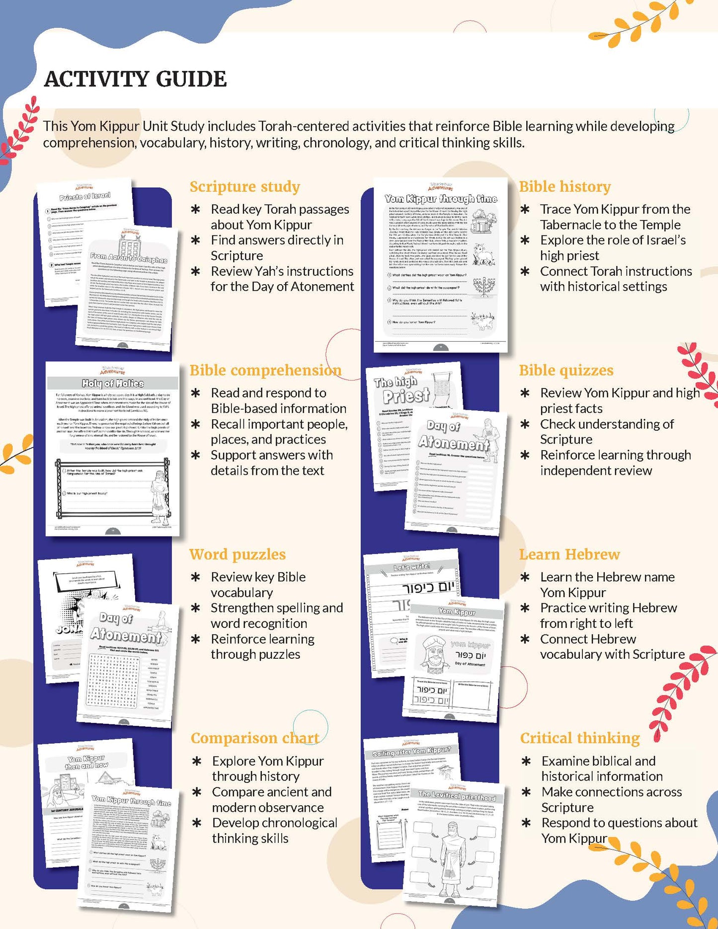 An activity guide sheet for a Yom Kippur unit study, featuring a blue header and multiple illustrated panels showing worksheets, diagrams, word puzzles, a comparison chart, and critical thinking prompts under categories like scripture study, Bible history, Bible comprehension, word puzzles, Bible quizzes, Learn Hebrew, comparison chart, and critical thinking.