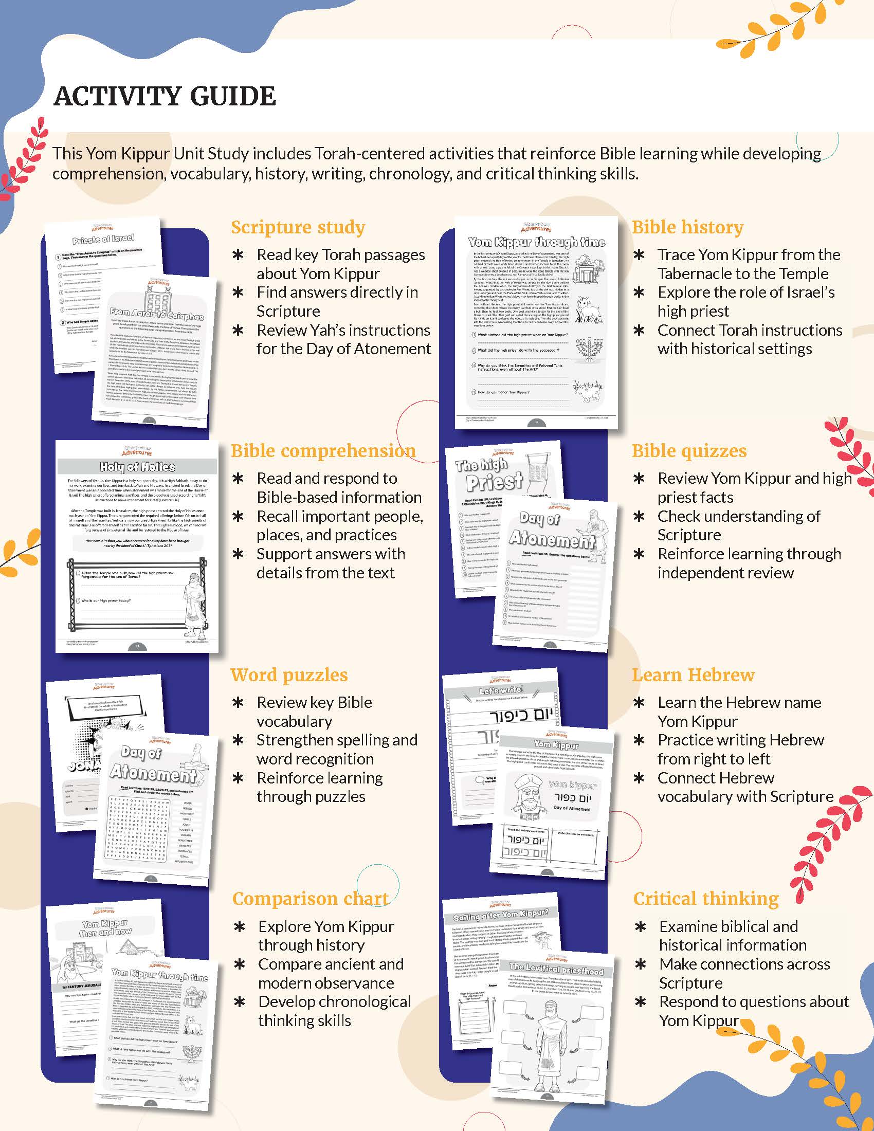 An activity guide sheet for a Yom Kippur unit study, featuring a blue header and multiple illustrated panels showing worksheets, diagrams, word puzzles, a comparison chart, and critical thinking prompts under categories like scripture study, Bible history, Bible comprehension, word puzzles, Bible quizzes, Learn Hebrew, comparison chart, and critical thinking.