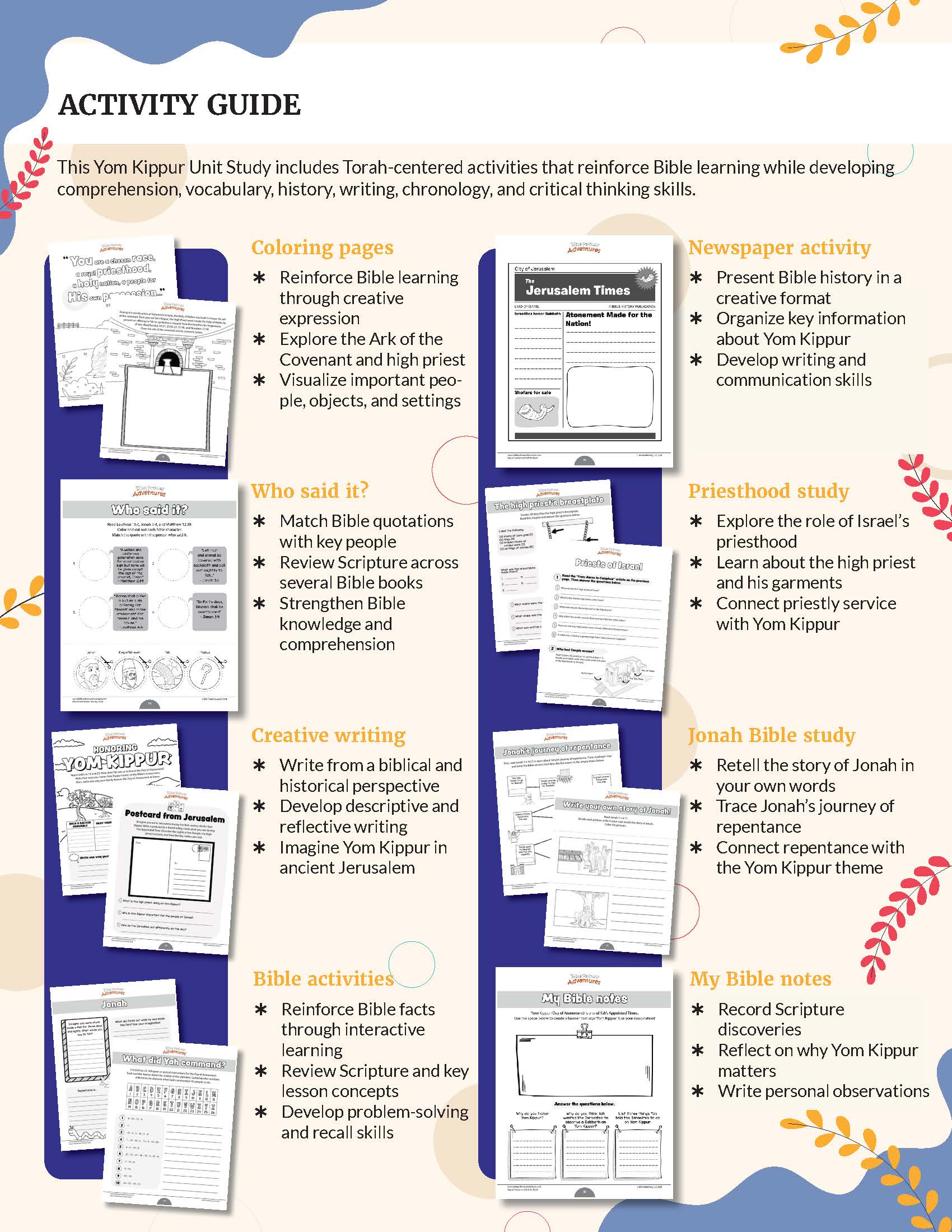 An educational activity guide poster for a Yom Kippur unit study, featuring a blue and white layout with illustrated sections for coloring pages, who said it, creative writing, Bible activities, newspaper activity, priesthood study, Jonah Bible study, and my Bible notes.