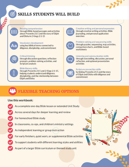 Diligence | Kingdom Character Unit Study  educational infographic poster titled 'SKILLS STUDENTS WILL BUILD' and 'FLEXIBLE TEACHING OPTIONS' with text blocks, icons, and small illustrations of children and Bible-themed characters on a white background.