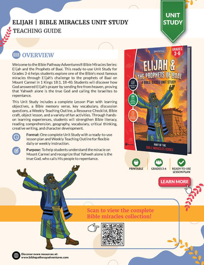 A promotional graphic for the 'Elijah & Bible Miracles Unit Study Teaching Guide' by Bible Adventure Outfitters. The design features a white background with a large mockup of the red and green book cover on the right, accompanied by green 'UNIT STUDY' banners, a red 'LEARN MORE' button, and text sections detailing the guide's overview, format, and printable/digital options.