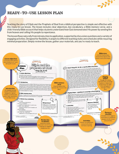 A product preview of a 'READY-TO-USE LESSON PLAN' about 'Elijah and the prophet of Baal' from a biblical perspective. The graphic features a colorful layout with text, diagrams, and illustrations, including a small photo of a male teacher at the bottom left.