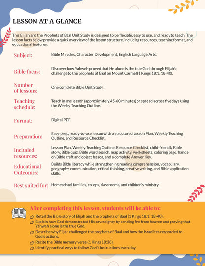 A digital preview of a Bible lesson plan titled 'Lesson at a Glance' for a Elijah & The Prophets of Baal' for grades 3-6., featuring a structured layout with text sections, learning objectives, and a colorful orange footer box on a white background.